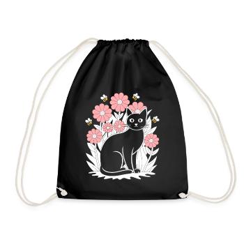 Cottagecore Idyll: Black Cat with Flowers and - Drawstring Bag - black - Front
