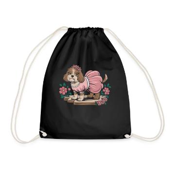 Cottagecore dog in flower dress - Drawstring Bag - black - Front