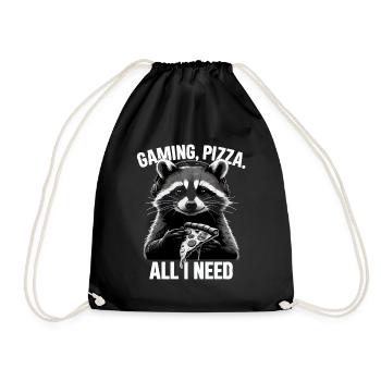 Funny Raccoon Gaming Pizza Gamer Gamer Gaming - Drawstring Bag - black - Front