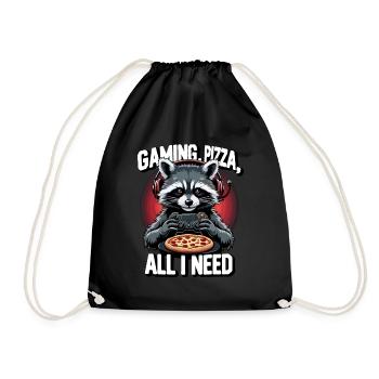 Funny Raccoon Gaming Pizza Gamer Gamer Gaming - Drawstring Bag - black - Front