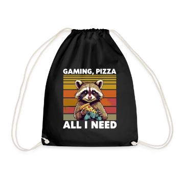 Funny Raccoon Gaming Pizza Gamer Gamer Gaming - Drawstring Bag - black - Front