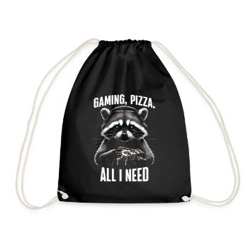 Funny Raccoon Gaming Pizza Gamer Gamer Gaming - Drawstring Bag - black - Front