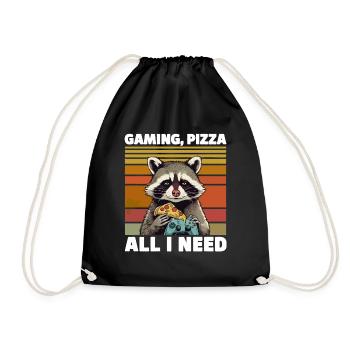 Funny Raccoon Gaming Pizza Gamer Gamer Gaming - Drawstring Bag - black - Front