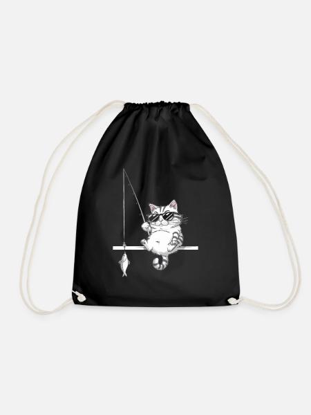 Katze Mit Sonnenbrille Beim Angeln - Turnbeutel - Schwarz