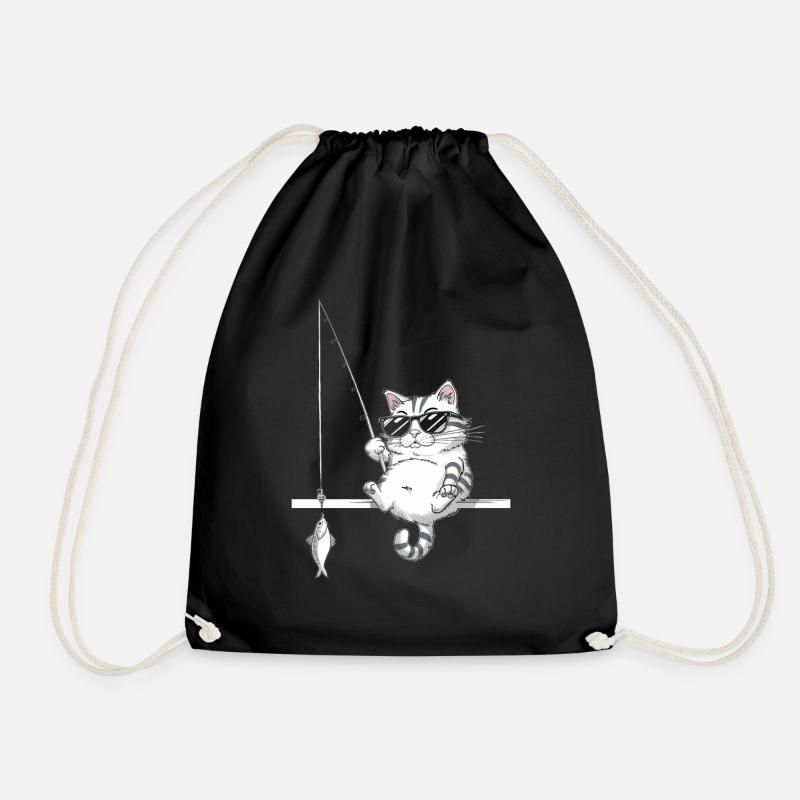 Katze Mit Sonnenbrille Beim Angeln - Turnbeutel - Schwarz