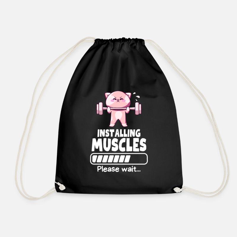 Muscle Building Weightlifting Cat Gym Humor - Drawstring Bag - black