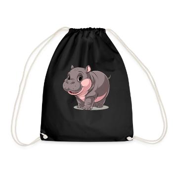 Niedliches Moo Deng Hippo Cartoon Motiv - Turnbeutel - Schwarz - Vorne