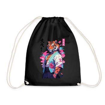Tiger Yokai Vaporwave Aesthetic Samurai Art - Drawstring Bag - black - Front