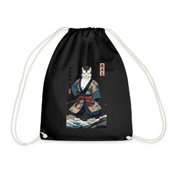 Samurai Cat Vintage Ukiyo-E Japanese - Drawstring Bag - black - Front