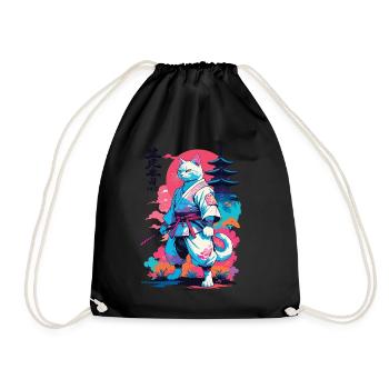 Samurai Cat Vaporwave Aesthetic Japan Art - Drawstring Bag - black - Front