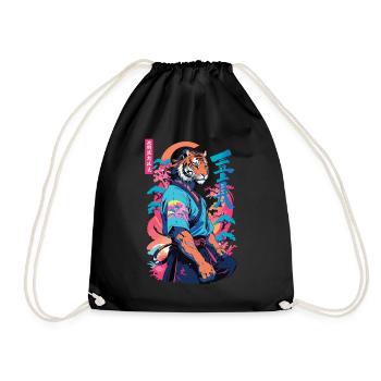 Tiger Yokai Vaporwave Aesthetic Samurai Art - Drawstring Bag - black - Front
