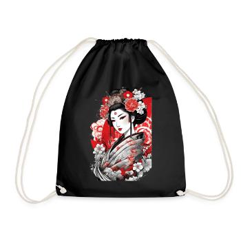 Elegant Geisha with Floral Kimono Art - Drawstring Bag - black - Front