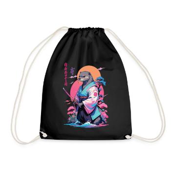 Samurai Otter Aesthetic Vaporwave Style - Drawstring Bag - black - Front