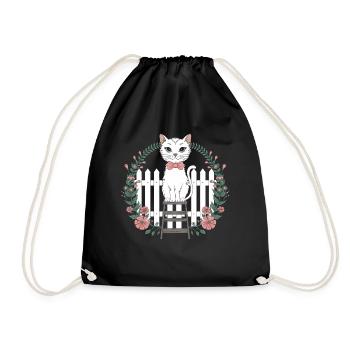 Cottagecore Katze mit Blumen und Zaun - Turnbeutel - Schwarz - Vorne