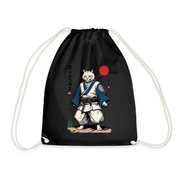 Samurai Cat Vintage Ukiyo-E Artwork Design - Drawstring Bag - black - Front