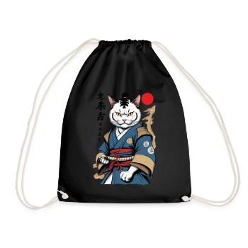 Samurai Cat Vintage Ukiyo-E Aesthetic Japan - Drawstring Bag - black - Front
