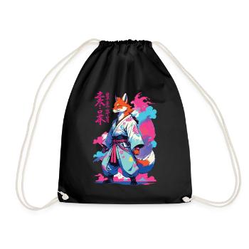 Kitsune Samurai Fuchs Aesthetic Vaporwave Stil - Turnbeutel - Schwarz - Vorne