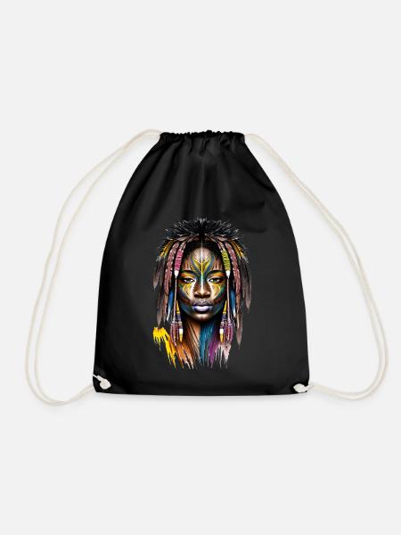 African woman with face paint and feathers - Drawstring Bag - black