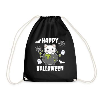 Cat Happy Halloween Witch's Cauldron Bat - Drawstring Bag - black - Front