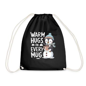 Warm Hugs In Each Cup With Penguin And - Drawstring Bag - black - Front
