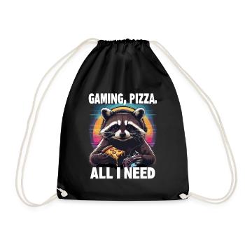 Funny Raccoon Gaming Pizza Gamer Gamer Gaming - Drawstring Bag - black - Front