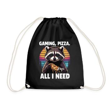 Funny Raccoon Gaming Pizza Gamer Gamer Gaming - Drawstring Bag - black - Front