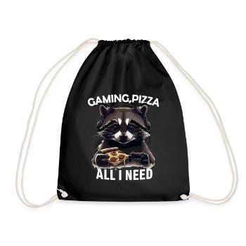 Funny Raccoon Gaming Pizza Gamer Gamer Gaming - Drawstring Bag - black - Front