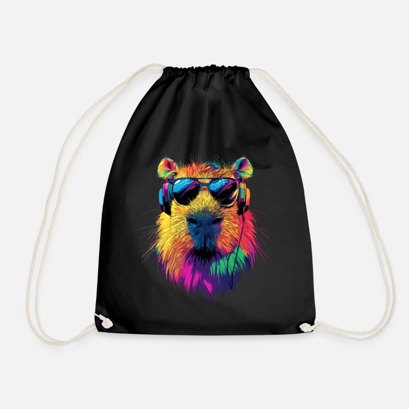 Capybara Sunglasses Colorful Popart Capybara - Drawstring Bag - black