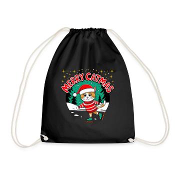Christmas Cat Merry Catmas Winter Skate - Drawstring Bag - black - Front