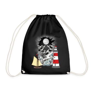 maritime, seagulls, seagull, lighthouse, sailing ship, boat - Drawstring Bag - black - Front