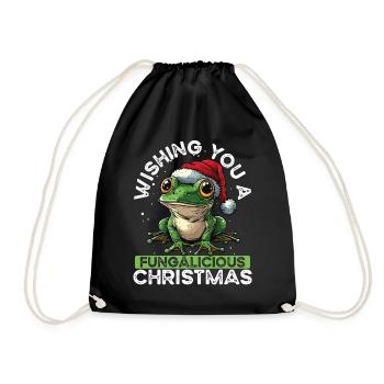 Merry Christmas, frog on mushroom cottagecore - Drawstring Bag - black - Front