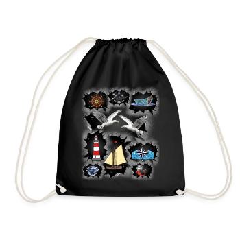 Maritime Cruise Seagulls Lighthouse Ship Captain - Drawstring Bag - black - Front