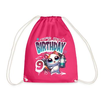 9th Birthday Cat Graffiti - Drawstring Bag - fuchsia - Front