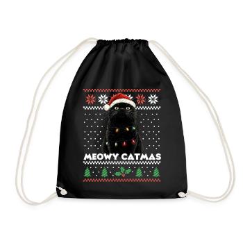 Meowy Catmas Christmas Matching Look Funny Cat - Drawstring Bag - black - Front