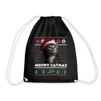 Meowy Catma's Christmas Matching Look with Santa Hat - Drawstring Bag - black - Front