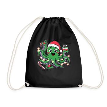Christmas Octopus with Lights and Hat Christmas - Drawstring Bag - black - Front
