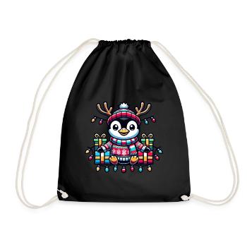 Fröhlicher Pinguin Mit Lichterkette Und Geschenken - Turnbeutel - Schwarz - Vorne