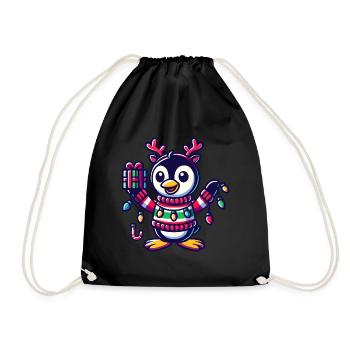 Fröhlicher Pinguin Mit Weihnachtslichtern - Turnbeutel - Schwarz - Vorne