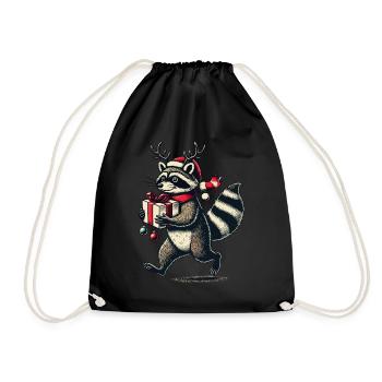 Weihnachtlicher Waschbär Mit Geschenk - Turnbeutel - Schwarz - Vorne