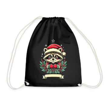 Merry Christmas raccoon with berries - Drawstring Bag - black - Front