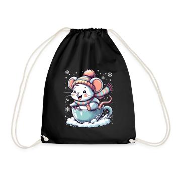 Cute mouse in mug driving sled on snow - Drawstring Bag - black - Front