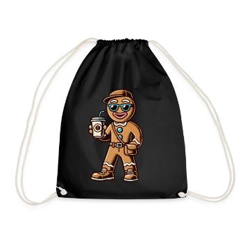 Funny gingerbread man with coffee for Christmas - Drawstring Bag - black - Front