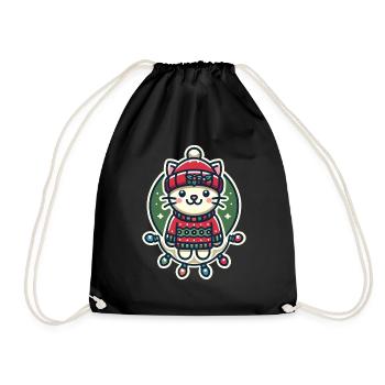Christmas cat with hat and fairy lights - Drawstring Bag - black - Front