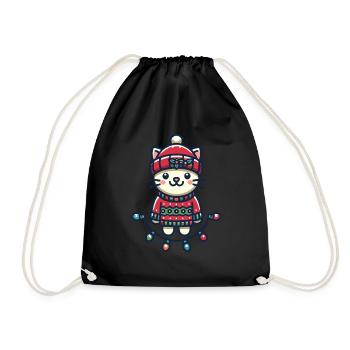 Cute Christmas cat with fairy lights - Drawstring Bag - black - Front