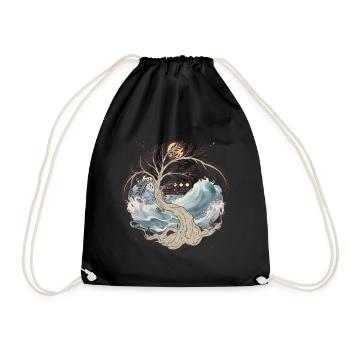 Nature Sea Waves Boat Ship Travel Ahoy - Drawstring Bag - black - Front