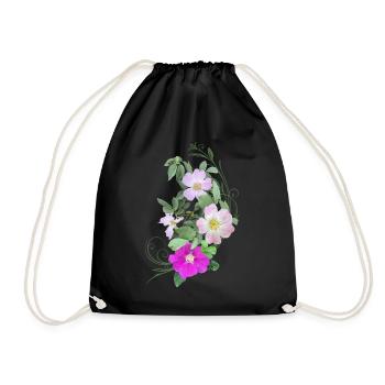 Rosehip Blossoms and Vine, Mixed Media Art - Drawstring Bag - black - Front