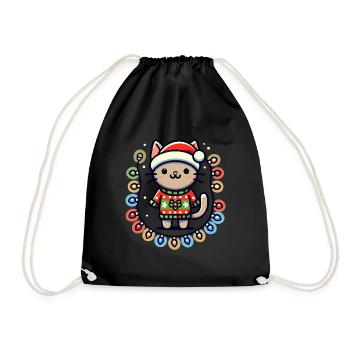 Christmas cat with fairy lights - Drawstring Bag - black - Front