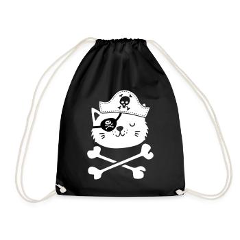 Cat Pirate Crossbone Aargh Treasure Hunting Funny - Drawstring Bag - black - Front