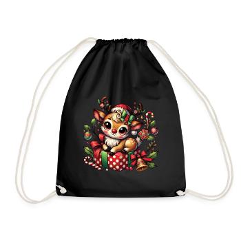 Christmas Reindeer On Gift - Drawstring Bag - black - Front