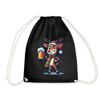 Funny Christmas Reindeer With Beer Mug - Drawstring Bag - black - Front